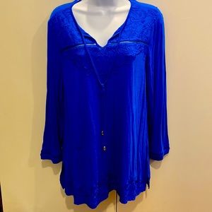 S Rafaela royal blue embroidered tunic with string tie. 3/4 sleeve. New.